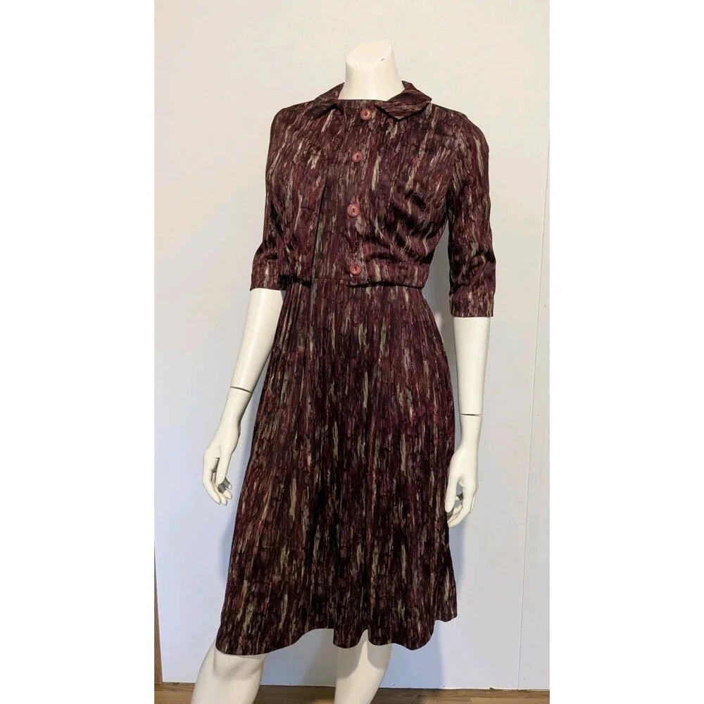 Patty Petite Vintage 50s Dress Set Jacket Fit Flare S B36 Red Flame Pleated